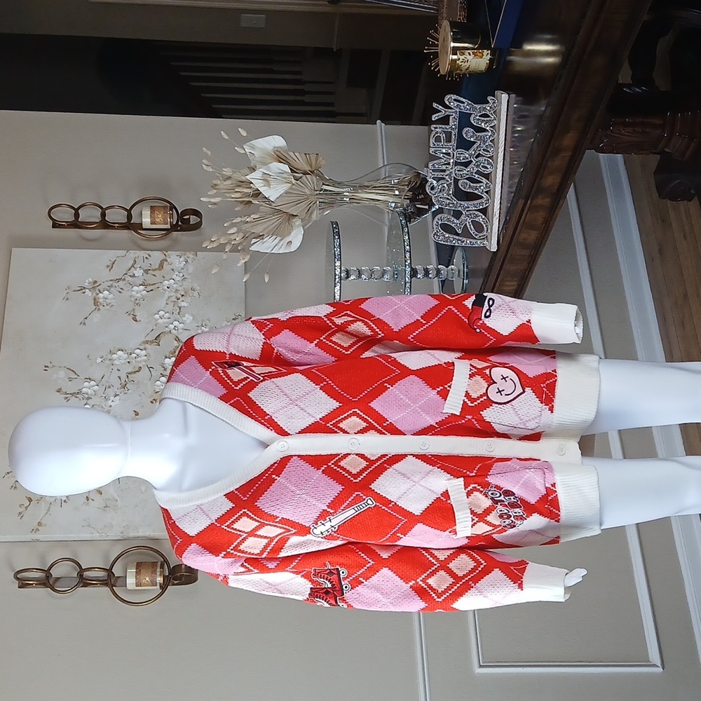 Women's Harley Quinn Diamond Cardigan Sweater. Size M
